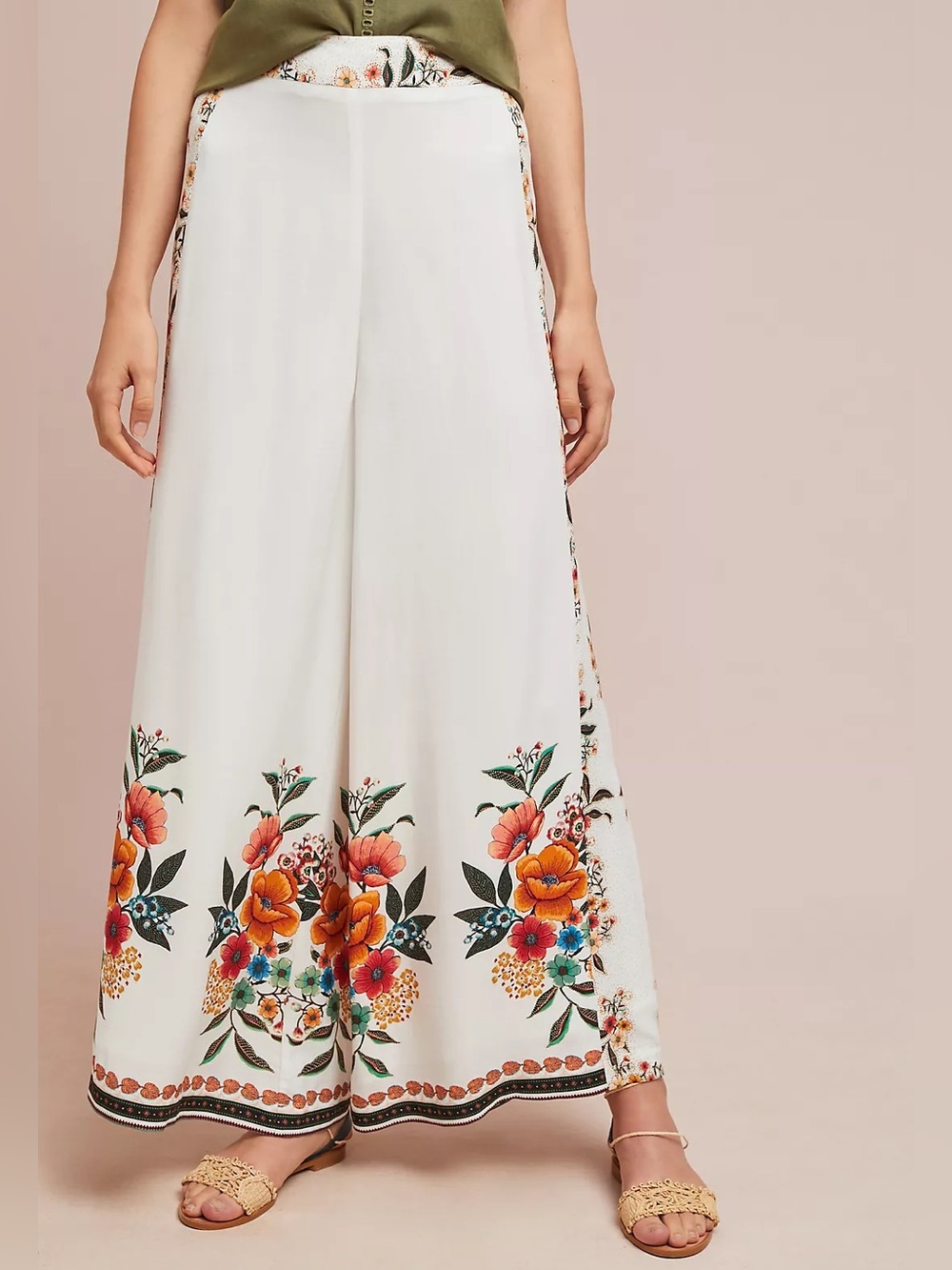 Farm Rio Melila Floral Flared Pants Wide Leg Ivory Multicolor Size Small - Picture 2 of 12